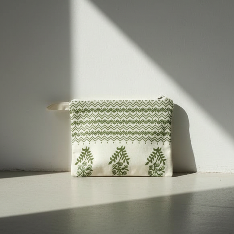 White Green Embroidery Cotton Toilet Pouch