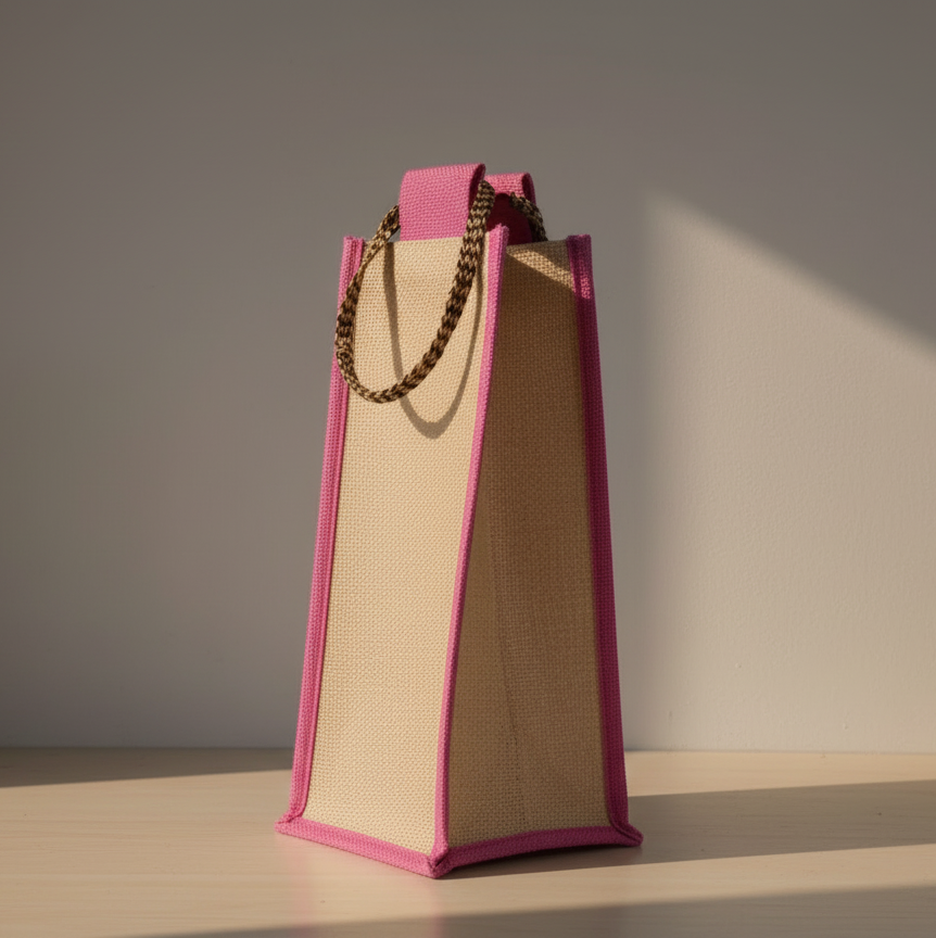 Natural Jute Pink Bottle Bag