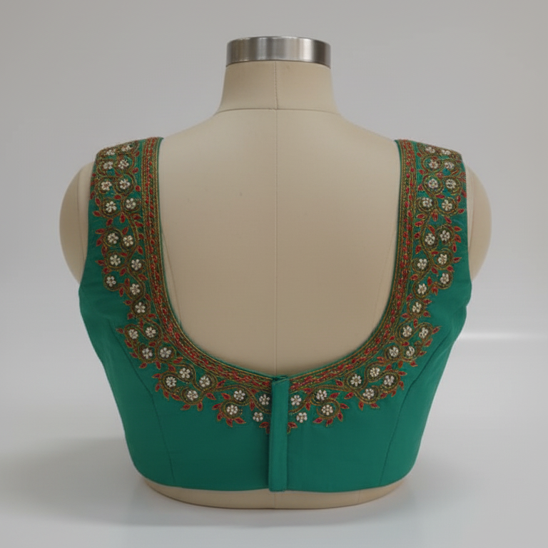 Green Silk Zardozi Blouse Material